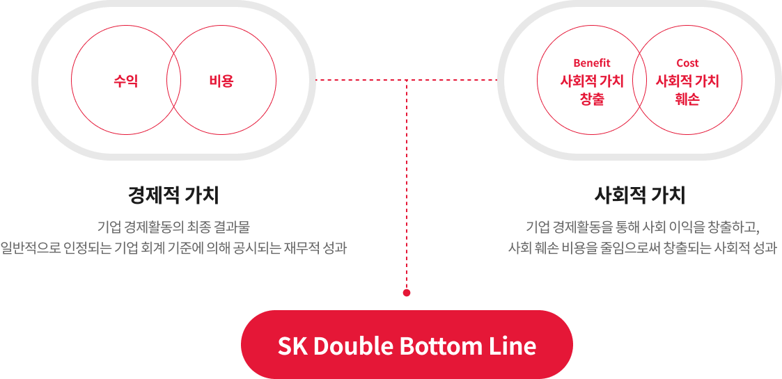 수익-비용의 경제적가치와 사회창출-사회훼손의 사회적가치가 SK의 경영원칙 Double Bottom Line 이라는 정보를 제공하는 다이어그램(아래 참조)
