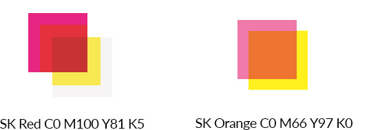 색분해 인쇄용 색상 SK Red와 SK Orange를 CMYK로 색분해 한 이미지(컬러값 아래 참조)